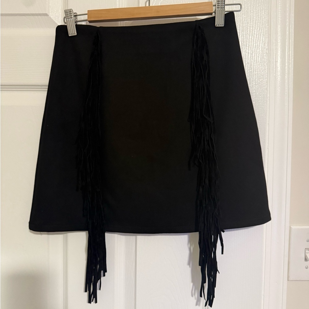 Faux Suede Straight Fringe Skirt Womens M Black Stretch Back Zip Western